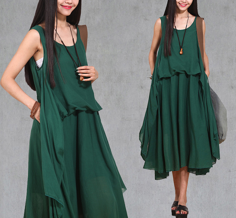 Green Layered Summer Vest Dress Sleeveless Cotton Linen Comfortable A