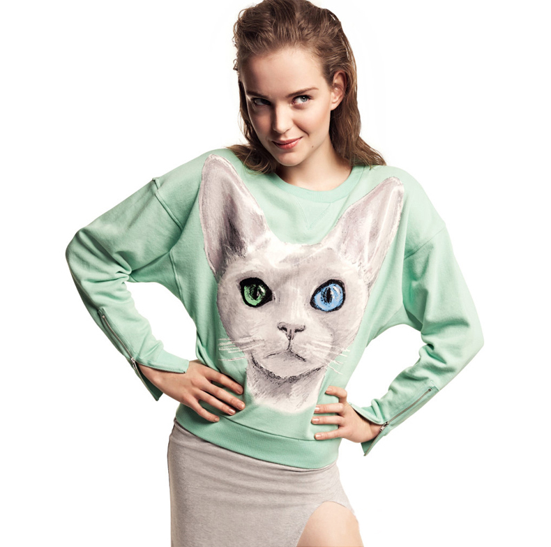 Kitty Printed Sleeve Zipper Round Collar Hoodie Sweater on Luulla